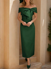 Sheath Column Off The Shoulder Satin Mother Of The Bride Dresses Sleeveless Tea Length With Bowknot