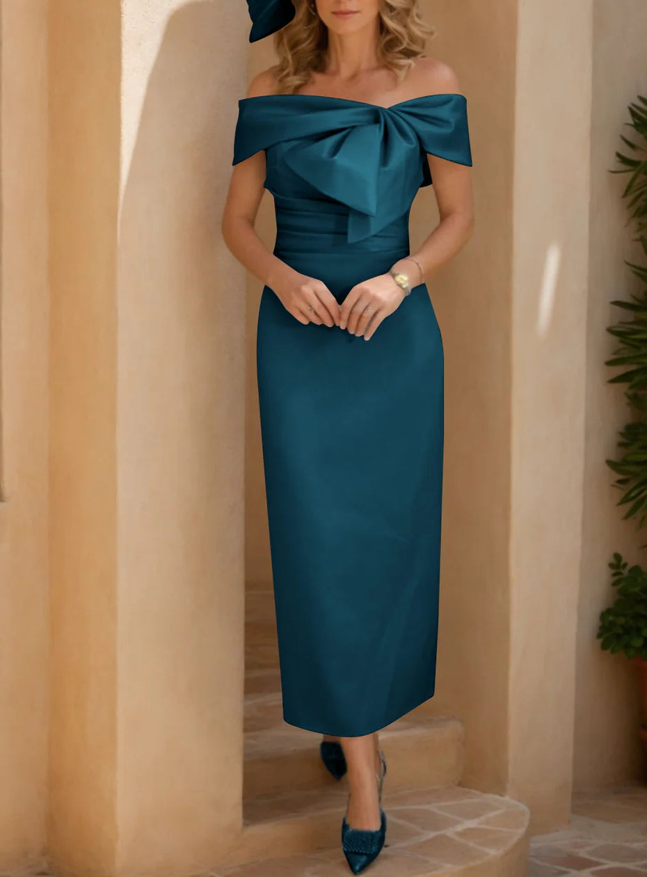 Sheath Column Off The Shoulder Satin Mother Of The Bride Dresses Sleeveless Tea Length With Bowknot