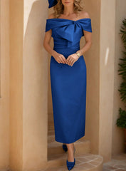 Sheath Column Off The Shoulder Satin Mother Of The Bride Dresses Sleeveless Tea Length With Bowknot