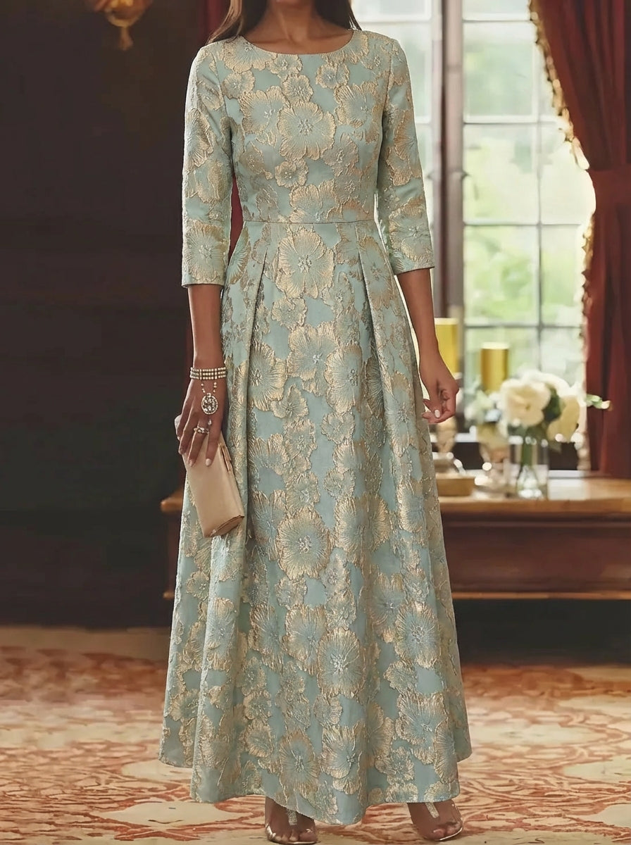 A Line Princess Scoop Jacquard Mother Of The Bride Dresses 3 4 Sleeves Ankle Length Floral