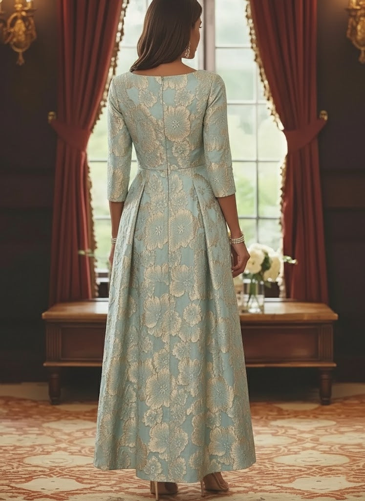 A Line Princess Scoop Jacquard Mother Of The Bride Dresses 3 4 Sleeves Ankle Length Floral