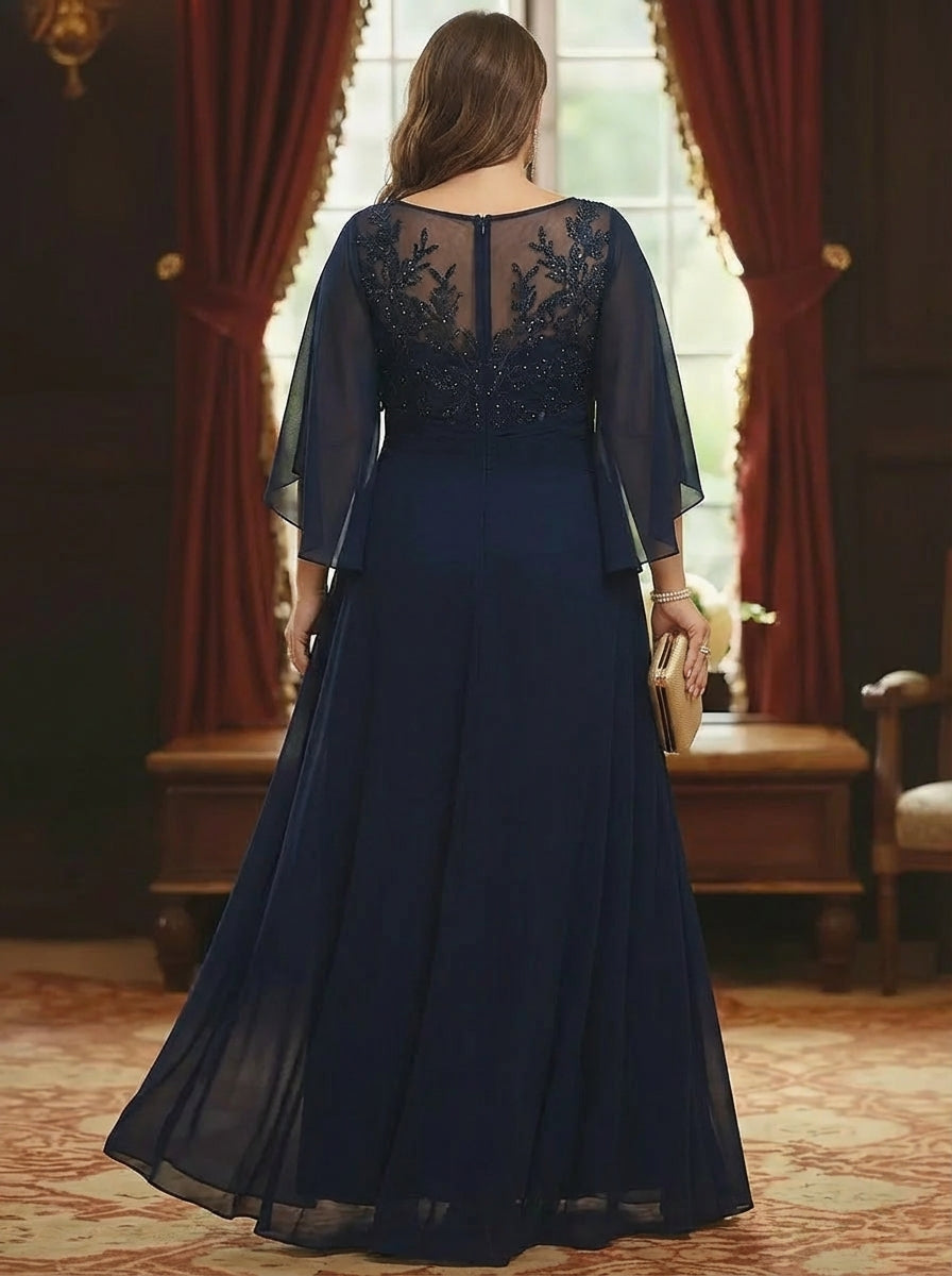 A Line Princess Scoop Chiffon Plus Size Mother Of The Bride Dresses Lace Half Sleeves Floor Length