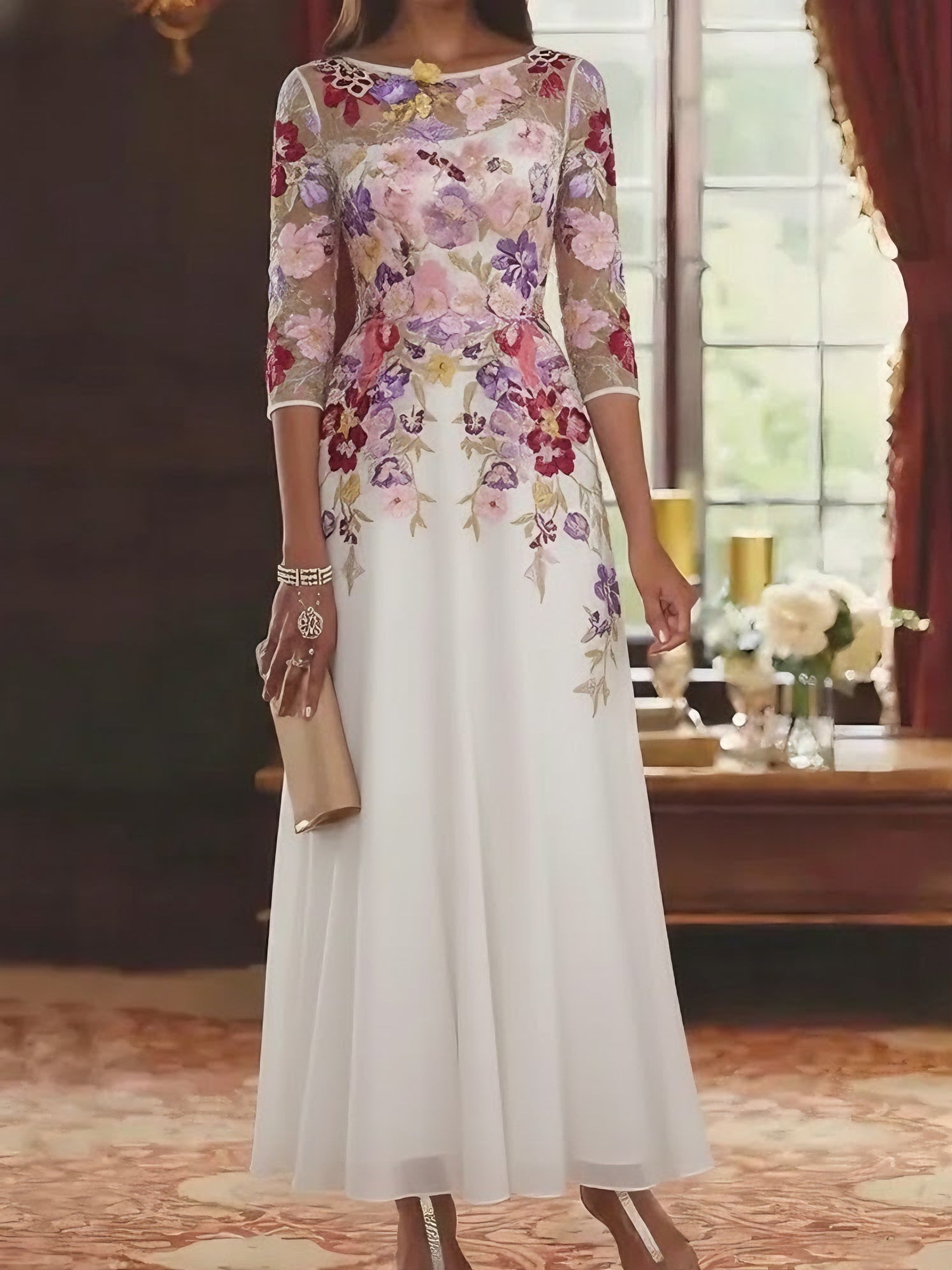 A Line Princess Scoop Chiffon Mother Of The Bride Dresses Lace Floral Half Sleeves Ankle Length