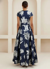 A Line Princess V Neck Printed Satin Mother Of The Bride Dresses Short Sleeves Floral Ankle Length