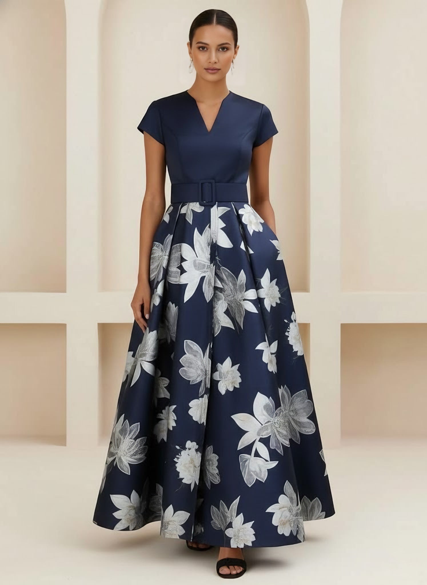 A Line Princess V Neck Printed Satin Mother Of The Bride Dresses Short Sleeves Floral Ankle Length