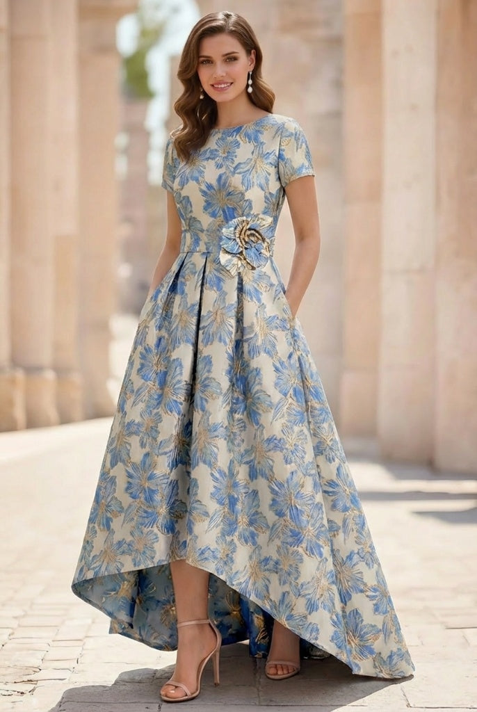 A Line Princess Scoop Printed Satin Mother Of The Bride Dresses Short Sleeves Floral Asymmetrical Ankle Length 3D Flower Pocket