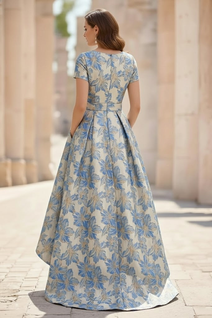 A Line Princess Scoop Printed Satin Mother Of The Bride Dresses Short Sleeves Floral Asymmetrical Ankle Length 3D Flower Pocket