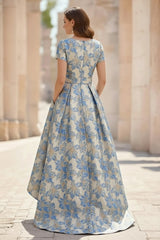A Line Princess Scoop Printed Satin Mother Of The Bride Dresses Short Sleeves Floral Asymmetrical Ankle Length 3D Flower Pocket