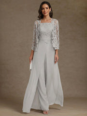3 Pieces Square Collar Chiffon Mother of the Bride Pantsuits with Jacket Lace Ankle-Length with Overskirt 3/4 Sleeves