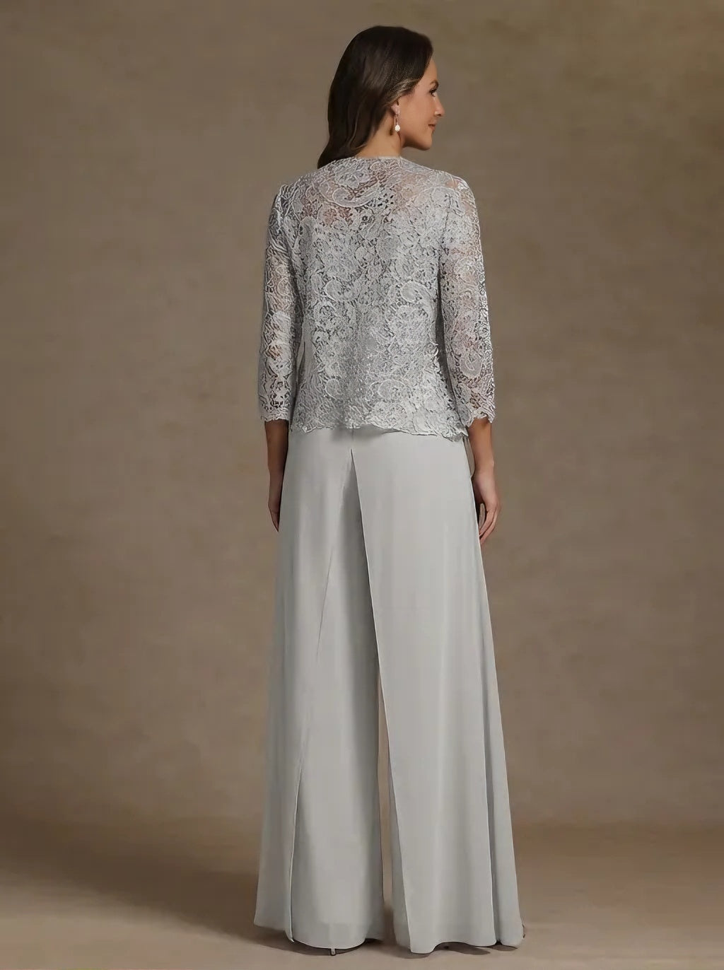 3 Pieces Square Collar Chiffon Mother Of The Bride Pantsuits With Jacket Lace Ankle Length With Overskirt 3 4 Sleeves
