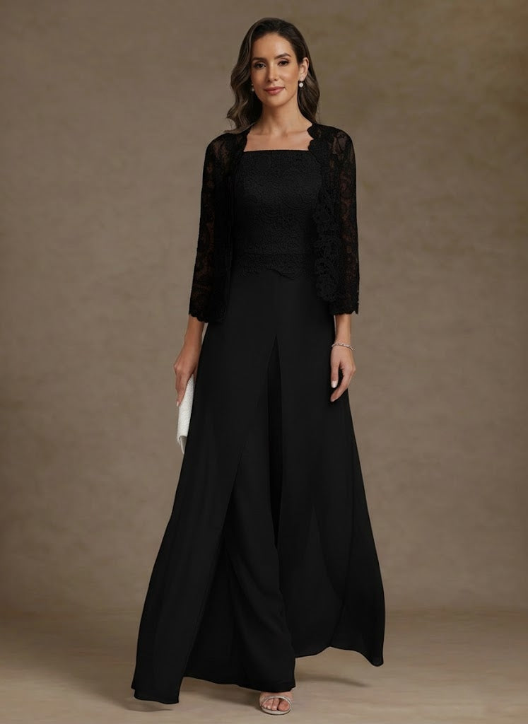 3 Pieces Square Collar Chiffon Mother Of The Bride Pantsuits With Jacket Lace Ankle Length With Overskirt 3 4 Sleeves