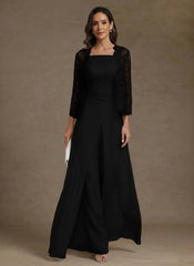 3 Pieces Square Collar Chiffon Mother of the Bride Pantsuits with Jacket Lace Ankle-Length with Overskirt 3/4 Sleeves