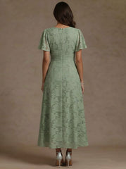 A Line Princess V Neck Floral Burnout Mother Of The Bride Dresses Short Sleeves Ankle Length Ruched