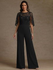 Chiffon Mother Of The Bride Jumpsuits Scoop Lace Floor Length Cape Sleeves