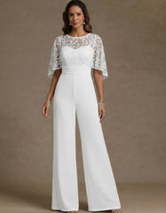 Chiffon Mother Of The Bride Jumpsuits Scoop Lace Floor Length Cape Sleeves