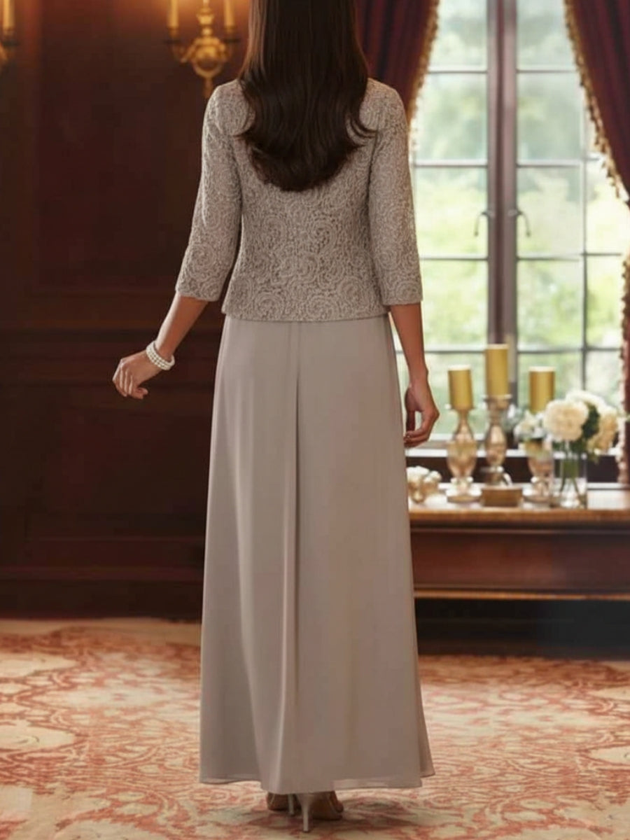 2 Pieces A Line Princess Square Collar Chiffon Mother Of The Bride Dresses With Jacket Lace Ankle Length 3 4 Sleeves
