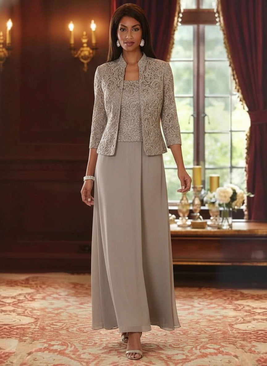 2 Pieces A Line Princess Square Collar Chiffon Mother Of The Bride Dresses With Jacket Lace Ankle Length 3 4 Sleeves