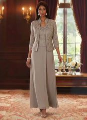 2 Pieces A Line Princess Square Collar Chiffon Mother Of The Bride Dresses With Jacket Lace Ankle Length 3 4 Sleeves