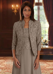 2 Pieces A Line Princess Square Collar Chiffon Mother Of The Bride Dresses With Jacket Lace Ankle Length 3 4 Sleeves
