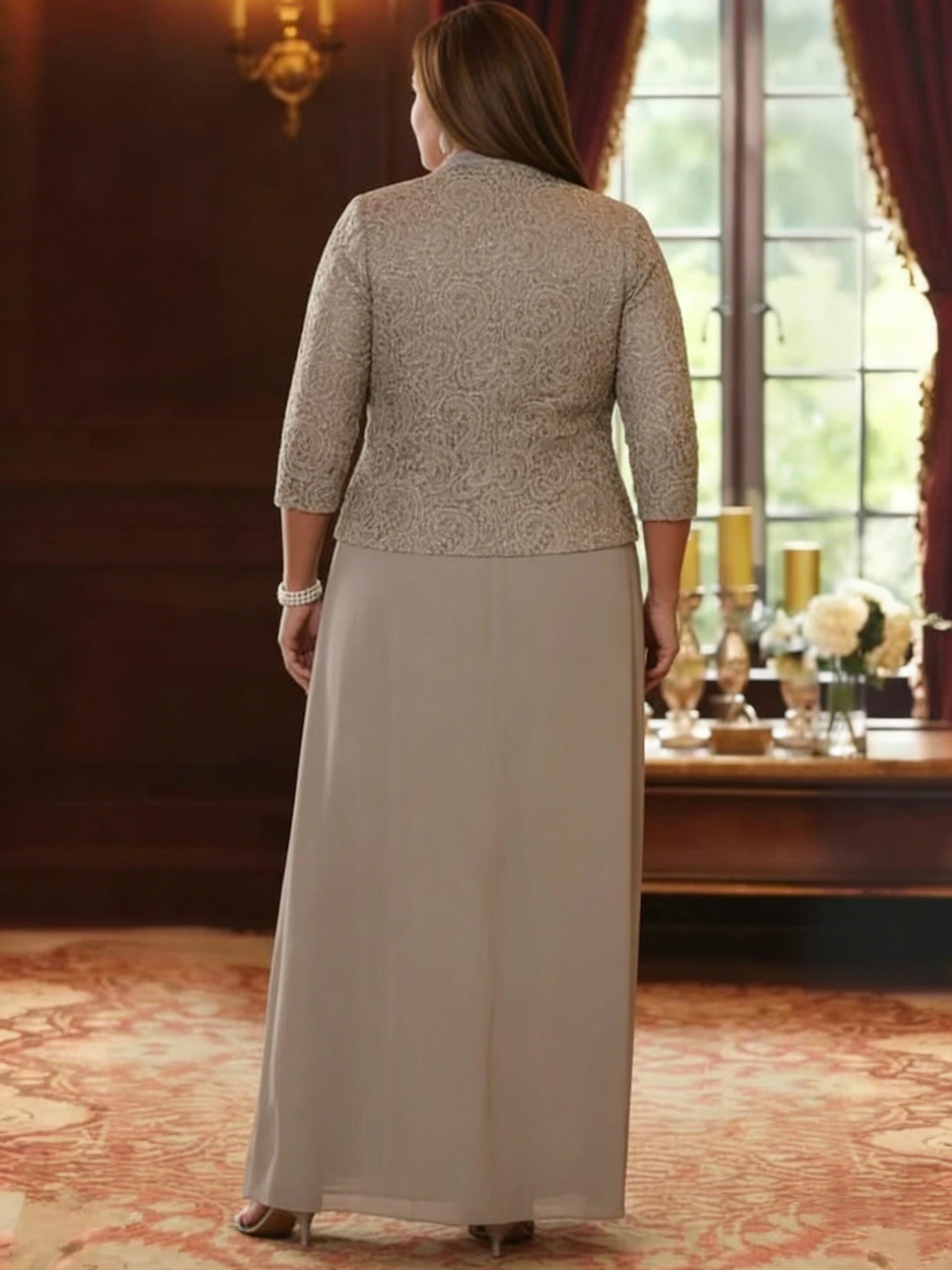 2 Pieces A Line Princess Square Collar Chiffon Plus Size Mother Of The Bride Dresses With Jacket Lace Ankle Length 3 4 Sleeves
