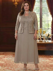 2 Pieces A Line Princess Square Collar Chiffon Plus Size Mother Of The Bride Dresses With Jacket Lace Ankle Length 3 4 Sleeves