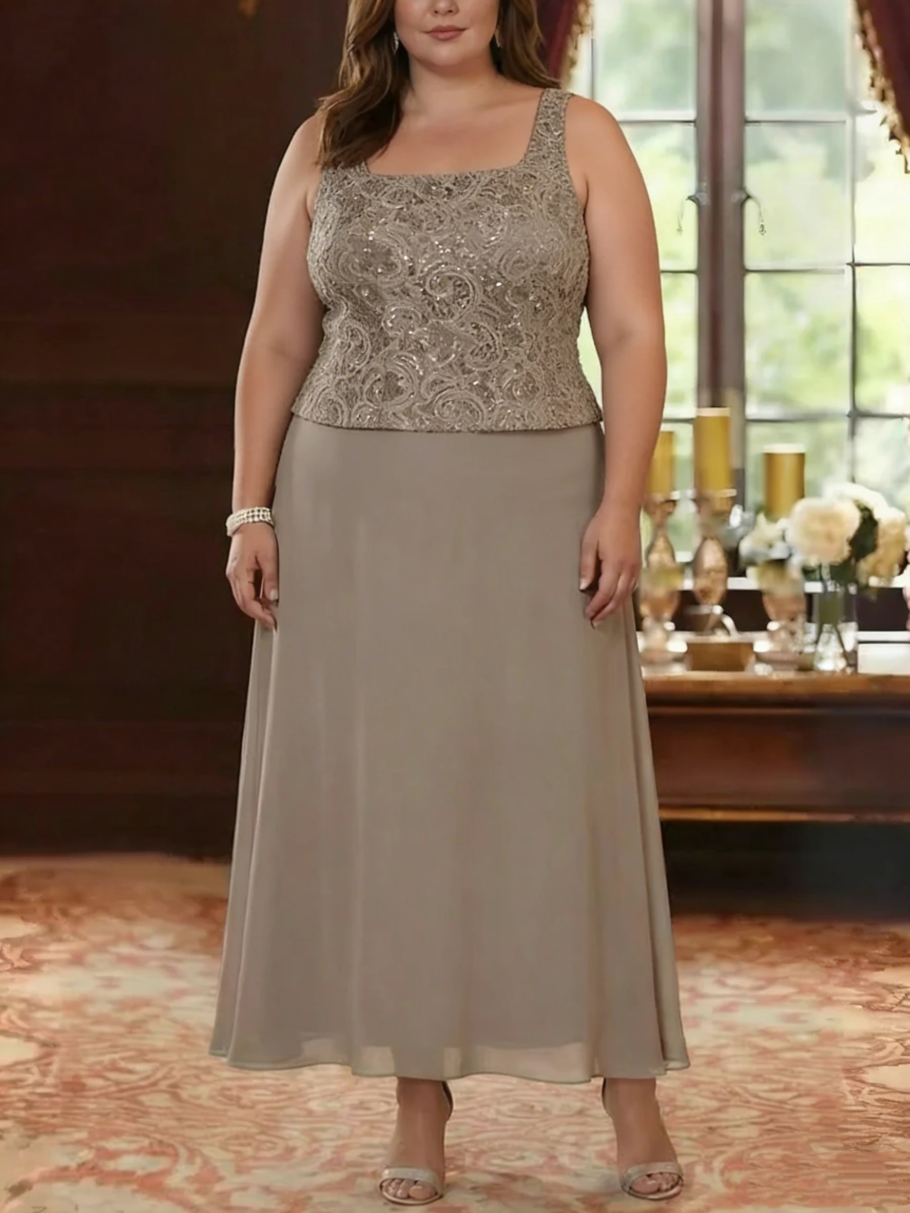 2 Pieces A Line Princess Square Collar Chiffon Plus Size Mother Of The Bride Dresses With Jacket Lace Ankle Length 3 4 Sleeves