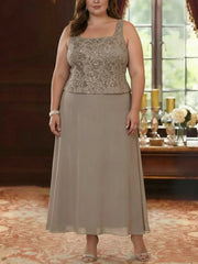 2 Pieces A Line Princess Square Collar Chiffon Plus Size Mother Of The Bride Dresses With Jacket Lace Ankle Length 3 4 Sleeves