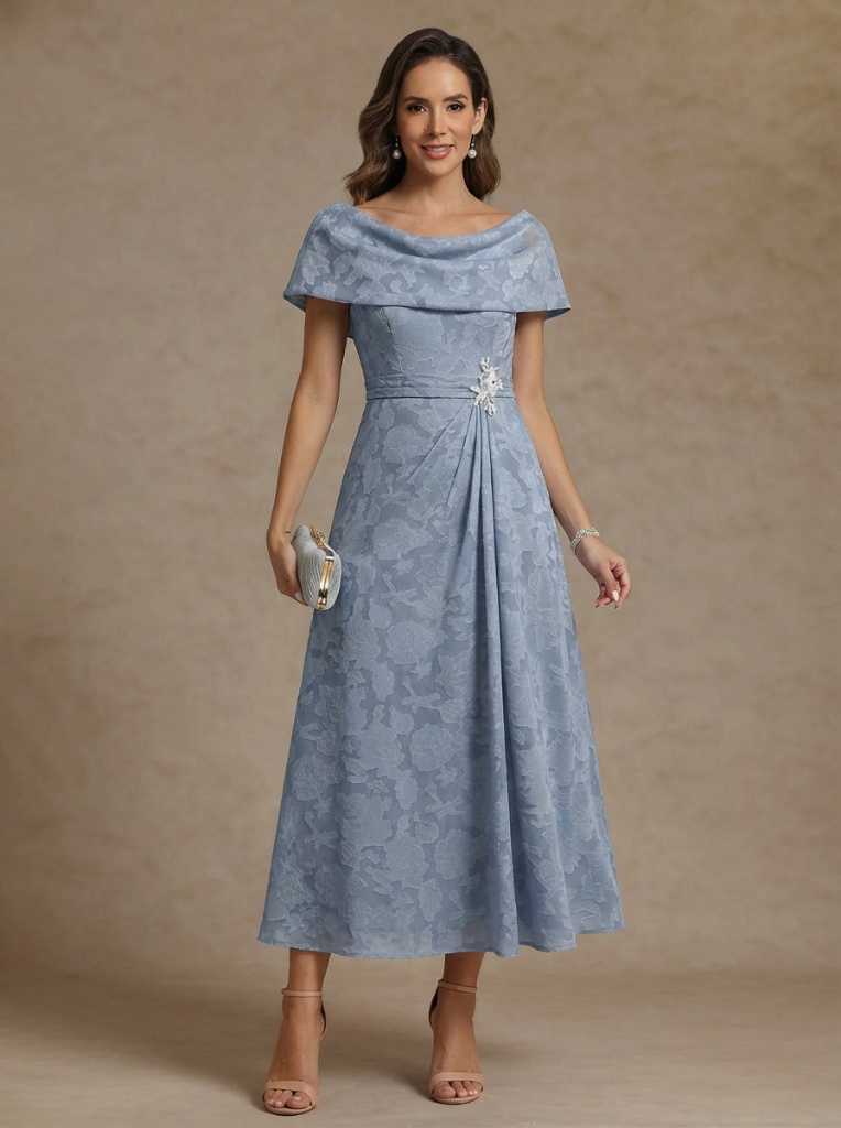 A Line Princess Off The Shoulder Chiffon Mother Of The Bride Dresses Lace Ankle Length Short Sleeves