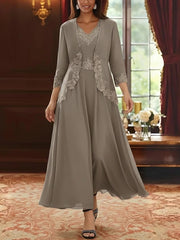 2 Pieces A Line Princess V Neck Chiffon Mother Of The Bride Dresses With Jacket Lace Ankle Length 3 4 Sleeves