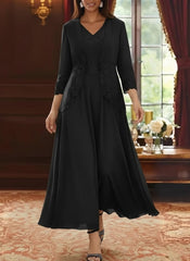 2 Pieces A Line Princess V Neck Chiffon Mother Of The Bride Dresses With Jacket Lace Ankle Length 3 4 Sleeves