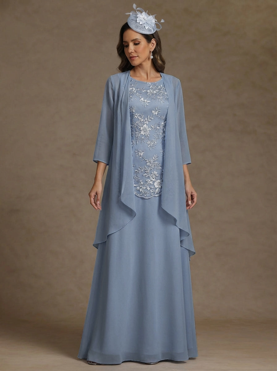2 Pieces A Line Princess Scoop Chiffon Mother Of The Bride Dresses With Jacket Floor Length 3 4 Sleeves Lace