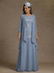 2 Pieces A Line Princess Scoop Chiffon Mother Of The Bride Dresses With Jacket Floor Length 3 4 Sleeves Lace