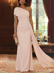 Sheath Column One Shoulder Chiffon Mother Of The Bride Dresses With Watteau Train Floor Length Sleeveless