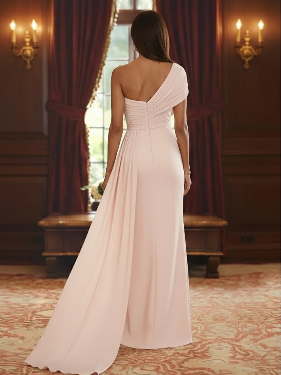 Sheath Column One Shoulder Chiffon Mother Of The Bride Dresses With Watteau Train Floor Length Sleeveless