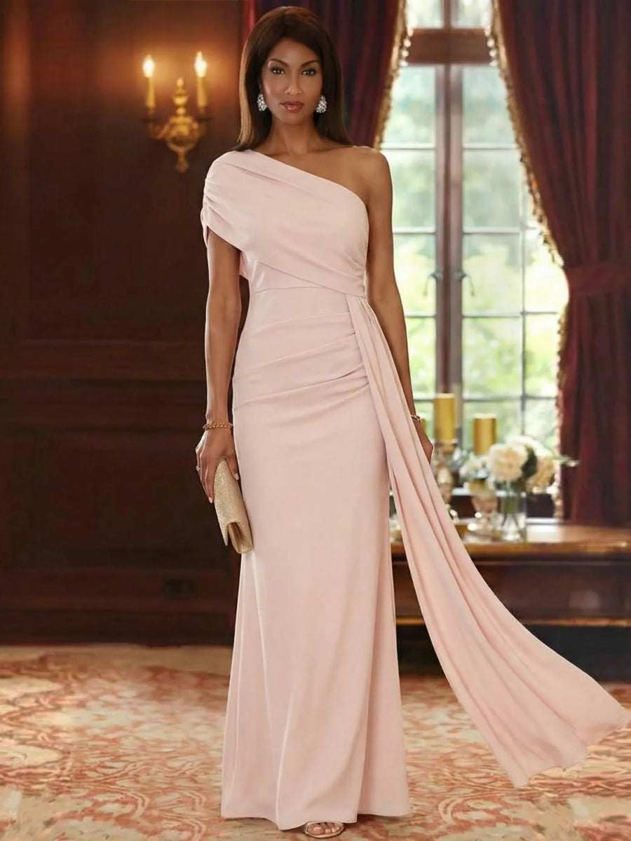 Sheath Column One Shoulder Chiffon Mother Of The Bride Dresses With Watteau Train Floor Length Sleeveless