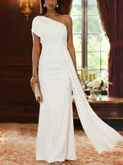 Sheath Column One Shoulder Chiffon Mother Of The Bride Dresses With Watteau Train Floor Length Sleeveless