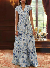 A Line Princess V Neck Jacquard Mother Of The Bride Dresses Floral Floor Length Short Sleeves Belt