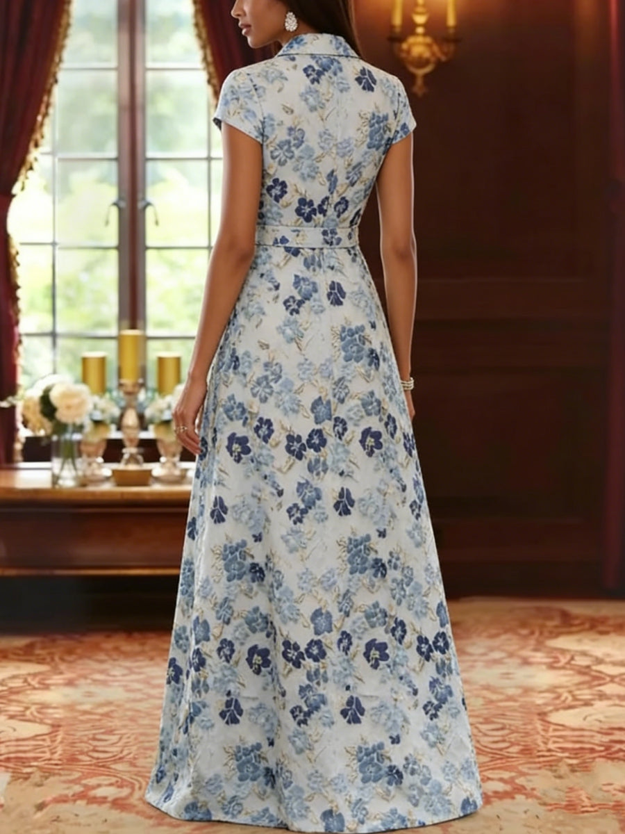 A Line Princess V Neck Jacquard Mother Of The Bride Dresses Floral Floor Length Short Sleeves Belt