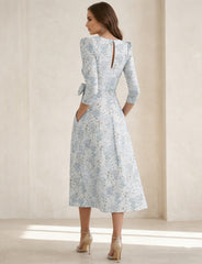 A Line Princess V Neck Jacquard Mother Of The Bride Dresses Floral Tea Length 3 4 Sleeves