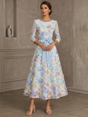 A Line Princess Scoop Lace Mother Of The Bride Dresses Floral Embroidery Tea Length 3 4 Sleeves Bowknot