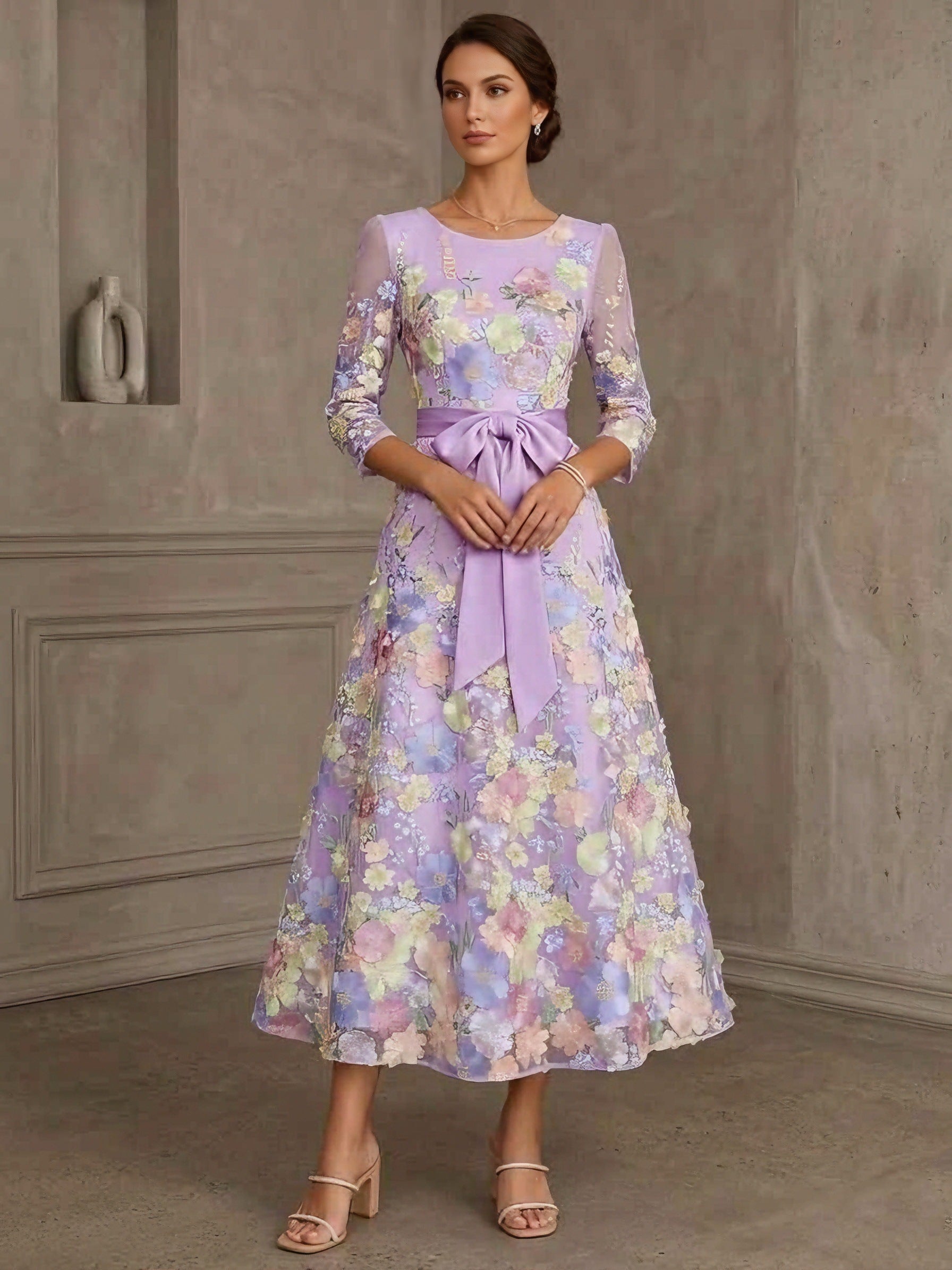 A Line Princess Scoop Lace Mother Of The Bride Dresses Floral Embroidery Tea Length 3 4 Sleeves Bowknot