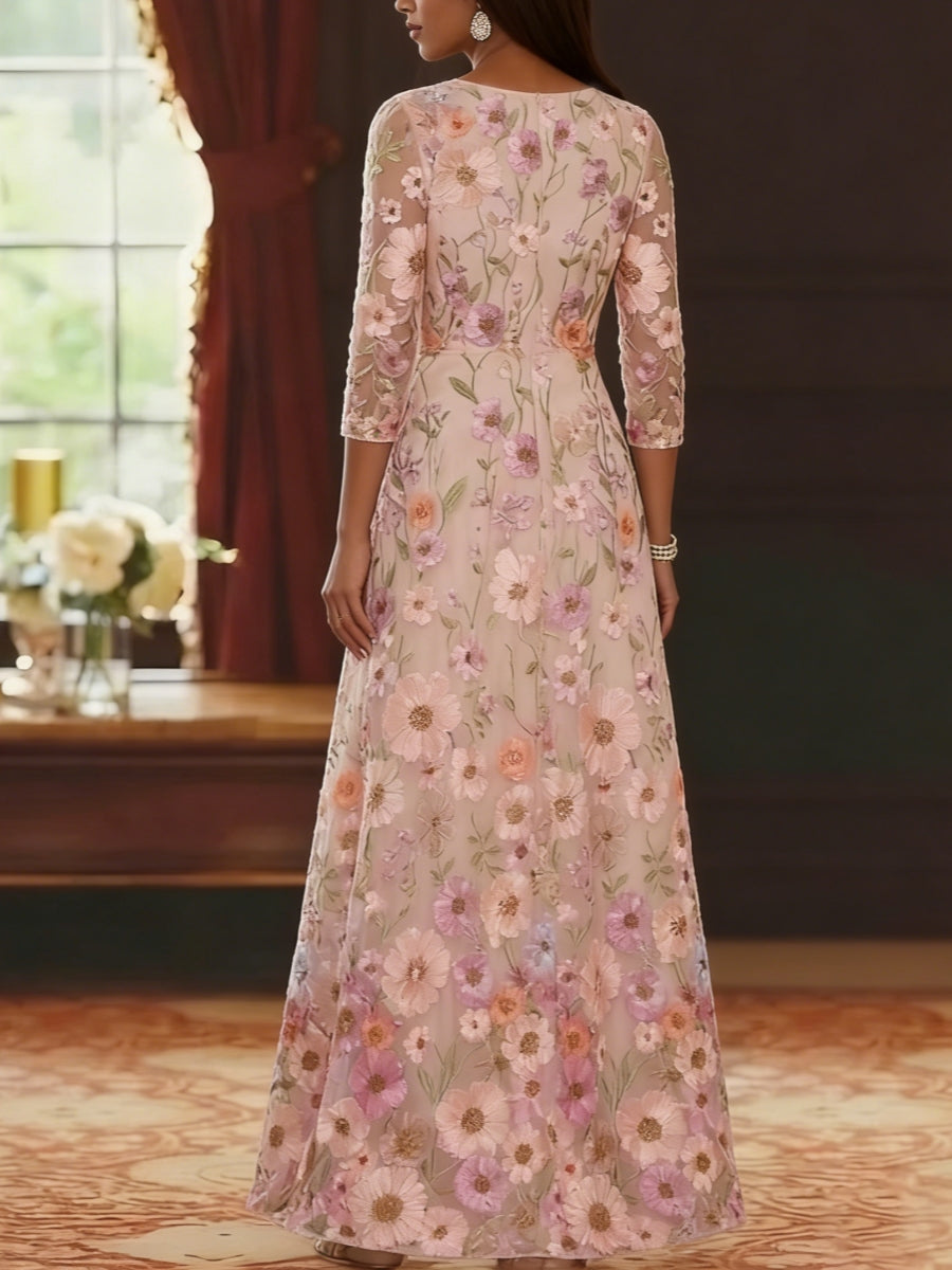 A Line Princess Scoop Lace Embroidery Mother Of The Bride Dresses Floral Ankle Length 3 4 Sleeves