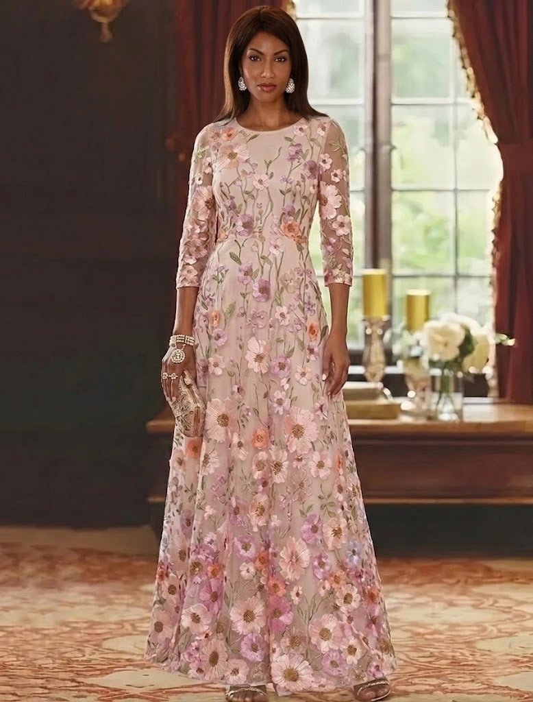 A Line Princess Scoop Lace Embroidery Mother Of The Bride Dresses Floral Ankle Length 3 4 Sleeves