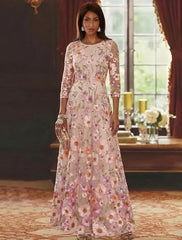 A Line Princess Scoop Lace Embroidery Mother Of The Bride Dresses Floral Ankle Length 3 4 Sleeves