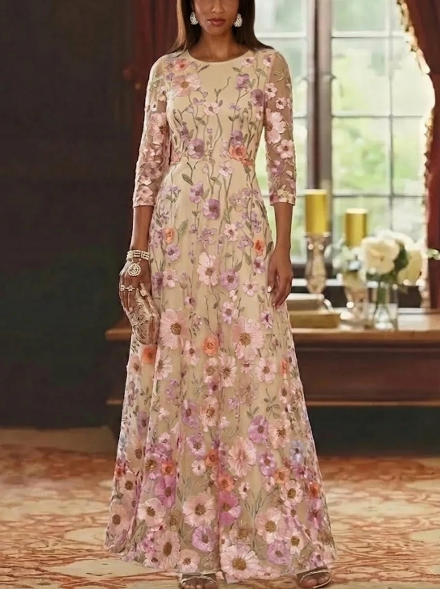 A Line Princess Scoop Lace Embroidery Mother Of The Bride Dresses Floral Ankle Length 3 4 Sleeves