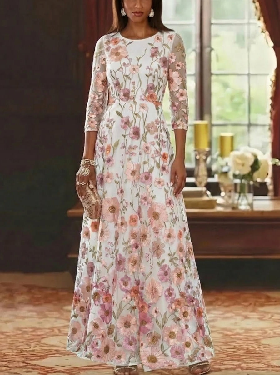 A Line Princess Scoop Lace Embroidery Mother Of The Bride Dresses Floral Ankle Length 3 4 Sleeves