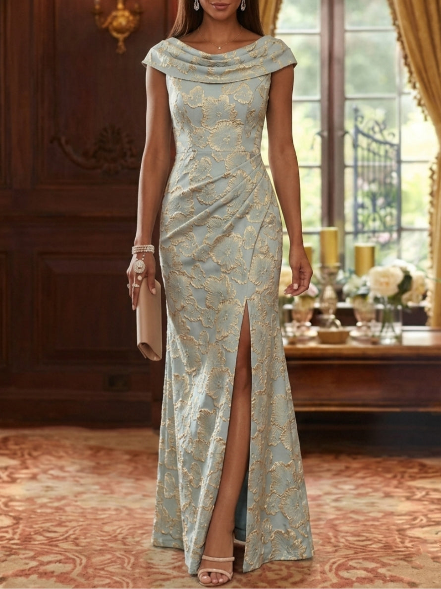Sheath Column Cowl Neck Jacquard Mother Of The Bride Dresses Floral Floor Length Sleeveless