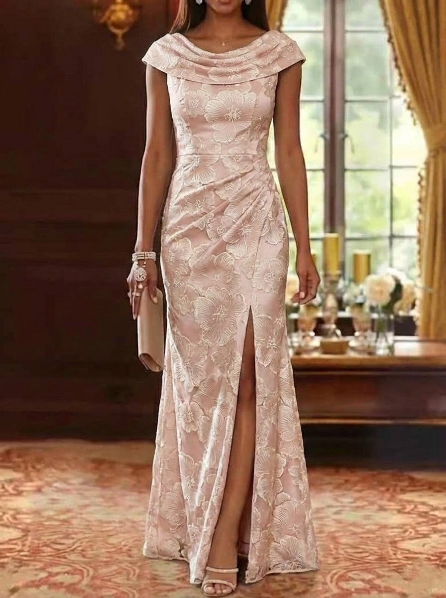 Sheath Column Cowl Neck Jacquard Mother Of The Bride Dresses Floral Floor Length Sleeveless