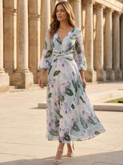 A Line Princess V Neck Chiffon Mother Of The Bride Dresses 3 4 Sleeves Floral Tea Length Ruched