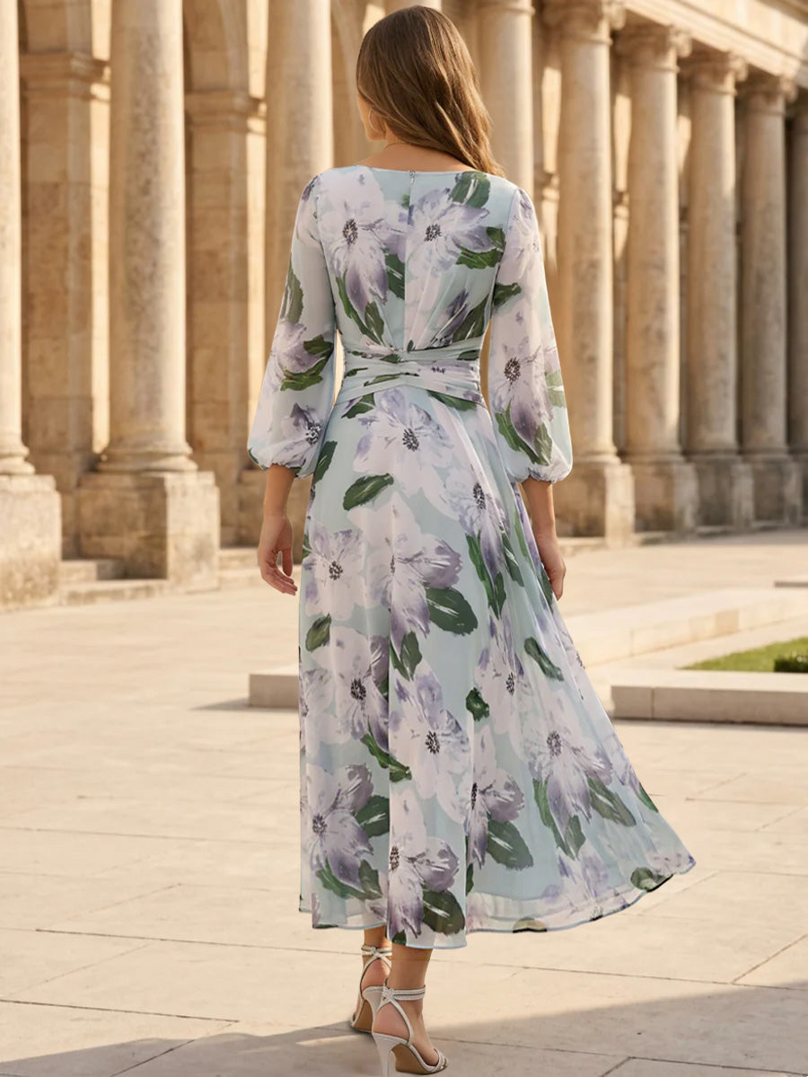 A Line Princess V Neck Chiffon Mother Of The Bride Dresses 3 4 Sleeves Floral Tea Length Ruched
